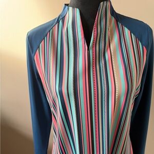 Jofit Blue & Pink Striped Split Neck Long Sleeve Activewear Top Medium